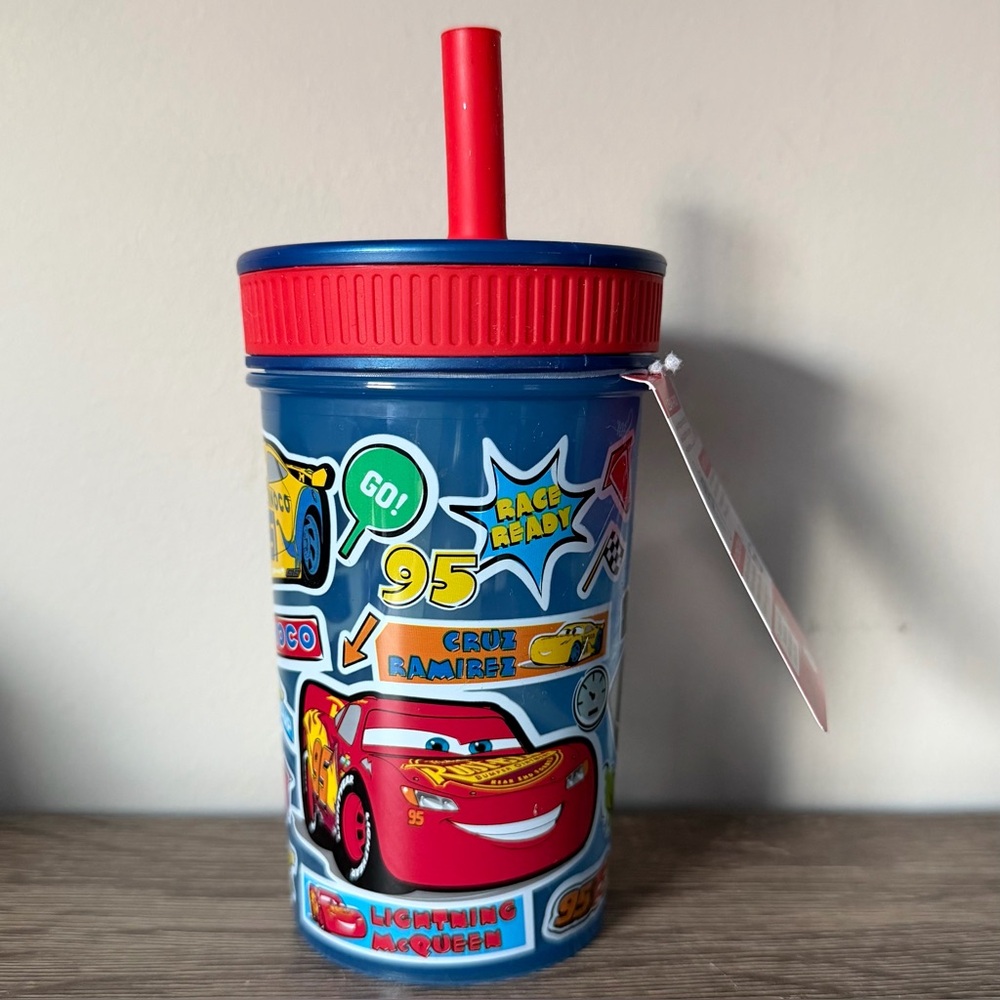 Disney Pixar Cars Lightning McQueen Straw Cup Spill Proof Sippy Gift Race Ready